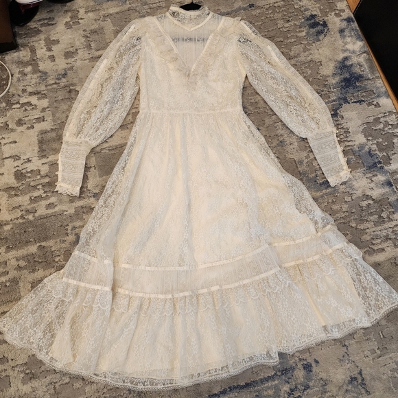 Gunne Sax Vintage Ivory Lace Midi Dress Victorian Edwardian 70s 80s XS - Picture 14 of 16